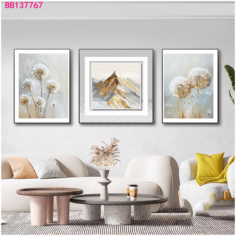 三联画蒲公英山脉迎客松农村客厅卧室别墅装饰画新中式壁画