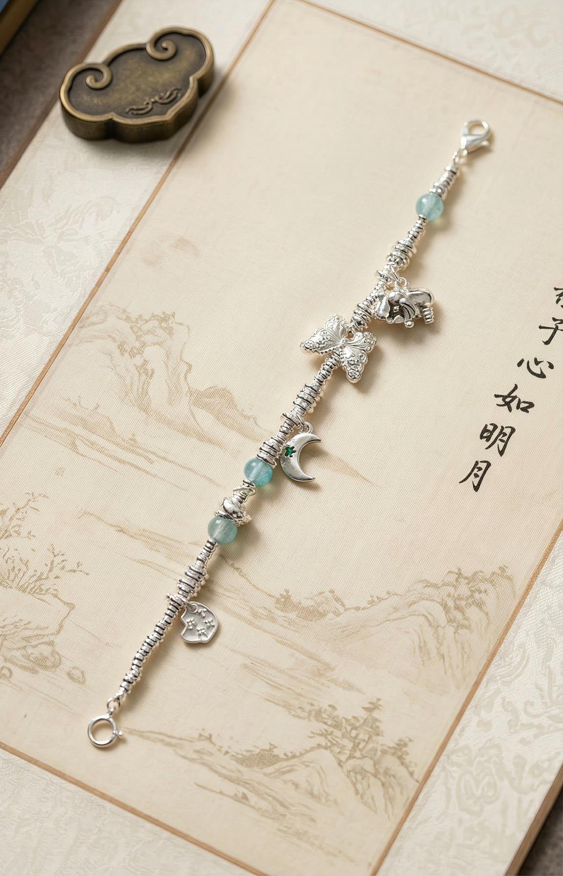 S925蝶月幻境·灵动小象爱心星愿蓝玉串珠925银手链
