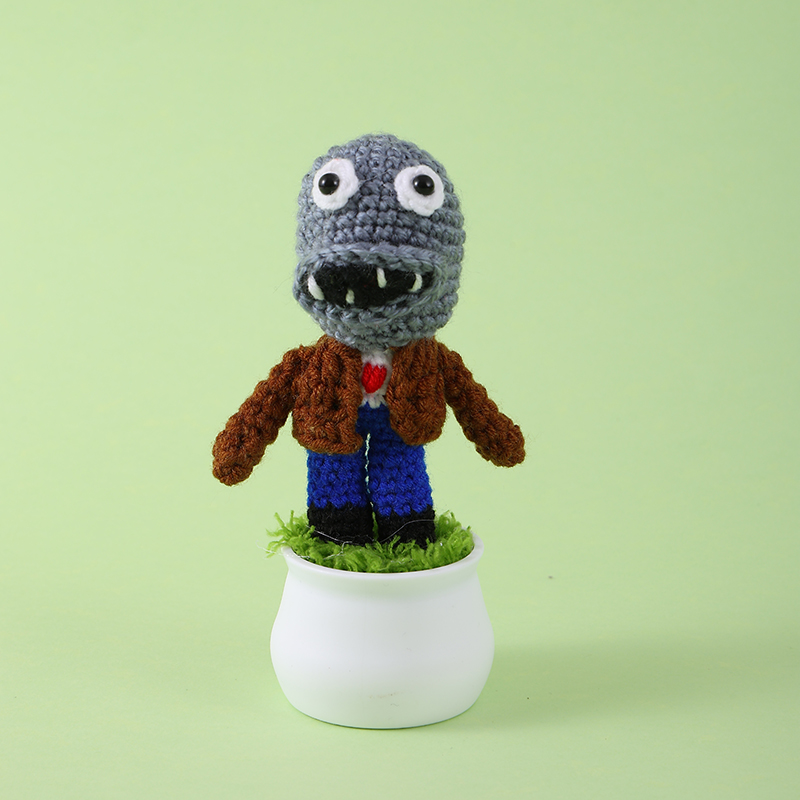 僵尸毛线盆栽成品跨境钩织爱心毛线花盆栽纯手工编织仿真花摆件礼物