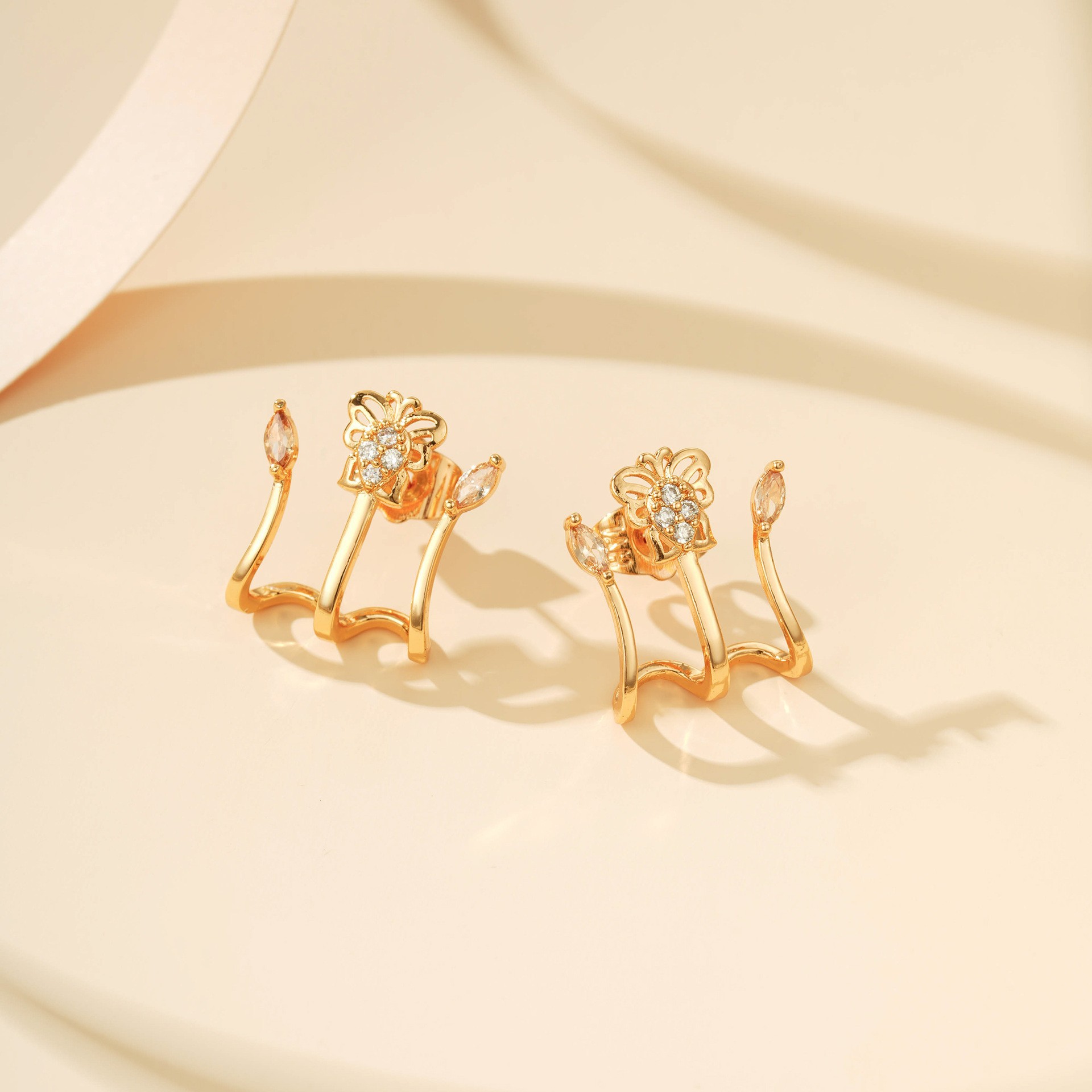 S925银针铜镀真金微镶锆石三耳钉女轻奢优雅高级感设计感网红名媛耳饰工厂批发耳环