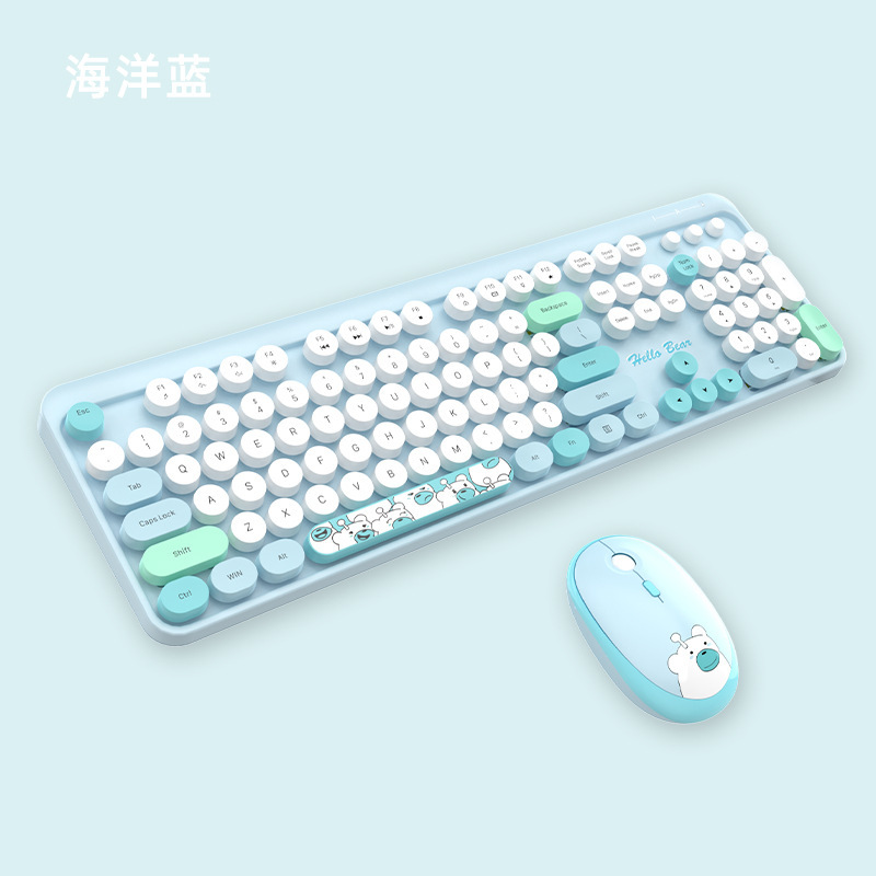 Wireless 2.4 keyboard and mouse set, cute pink color cartoon office keyboard and mouse set, green