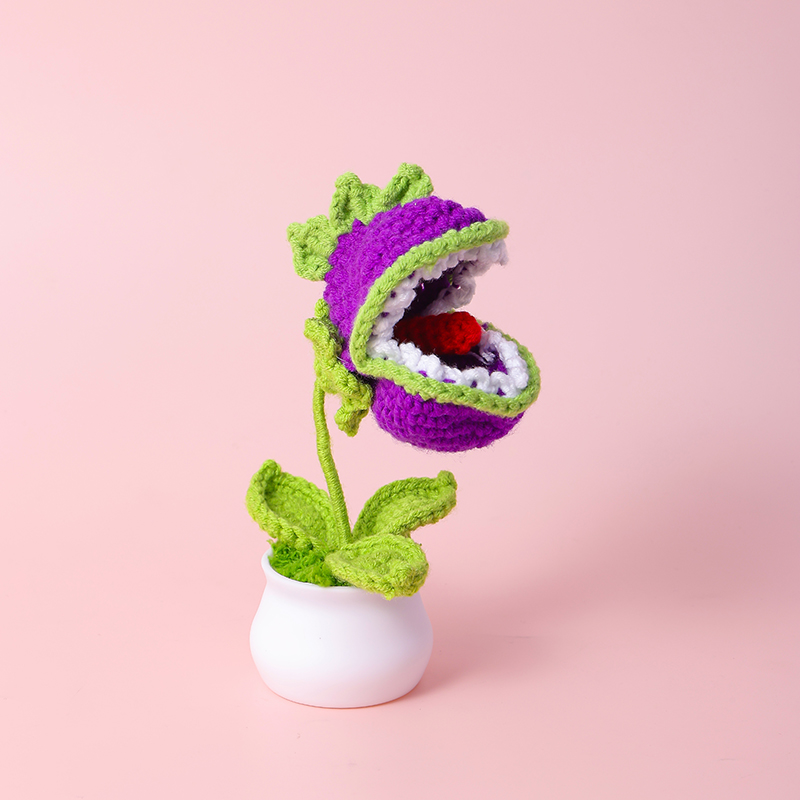 食人花毛线盆栽成品跨境钩织爱心毛线花盆栽纯手工编织仿真花摆件礼物