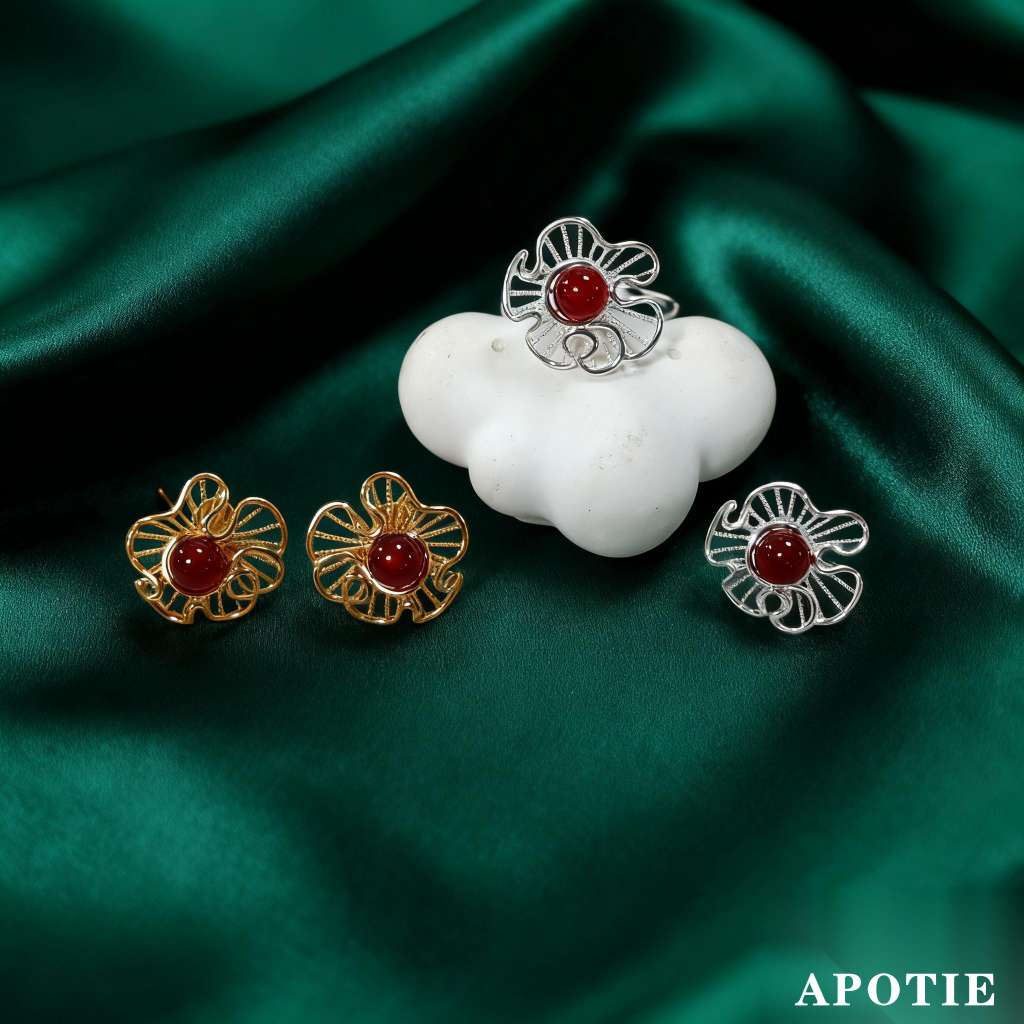 Red agate hollowed-out S925 new Chinese-style silver earrings from APOTIE