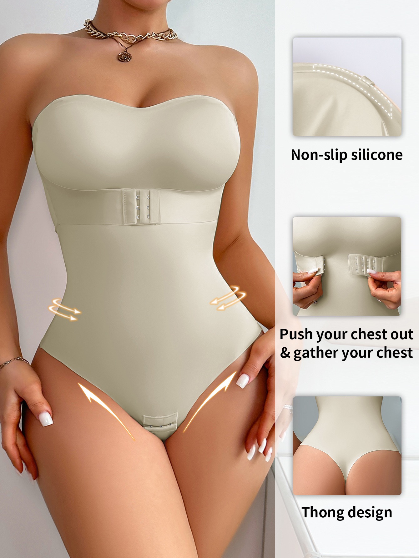 One-piece shapewear for women, invisible shoulder straps, anti-slip strips, abdominal buttons, compression corset, Skims, Amazon Item Picture