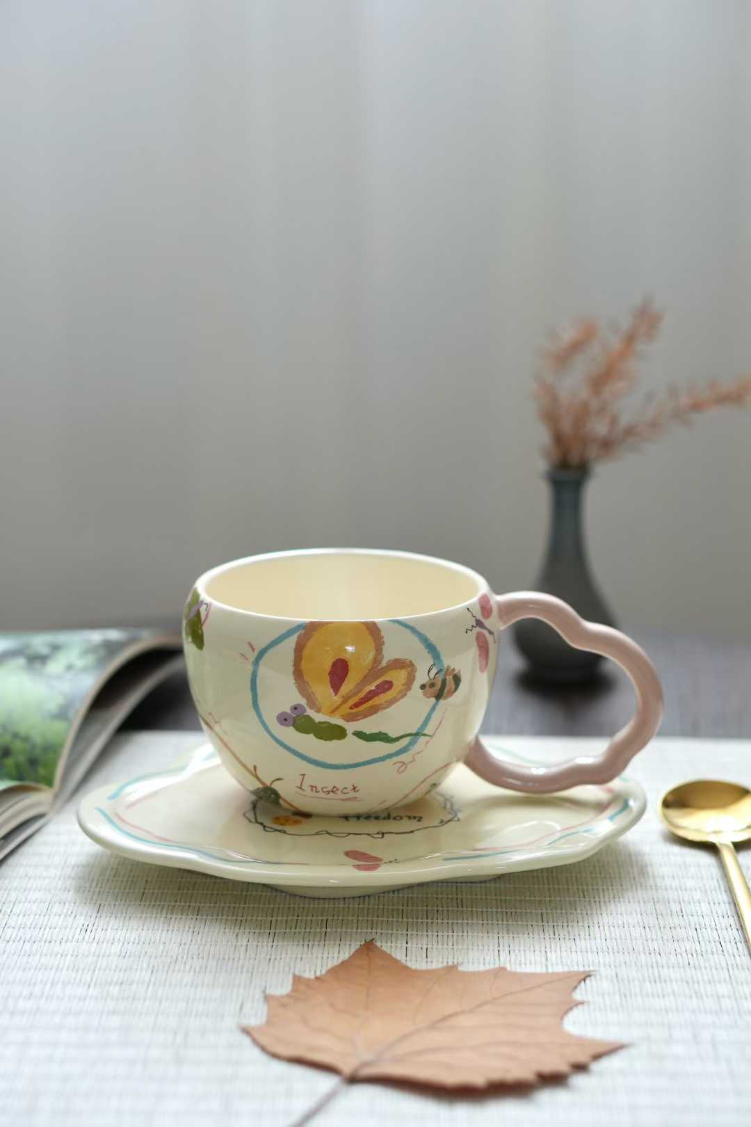 陶瓷花卉图案茶杯泡茶杯纯钛家居日用杯