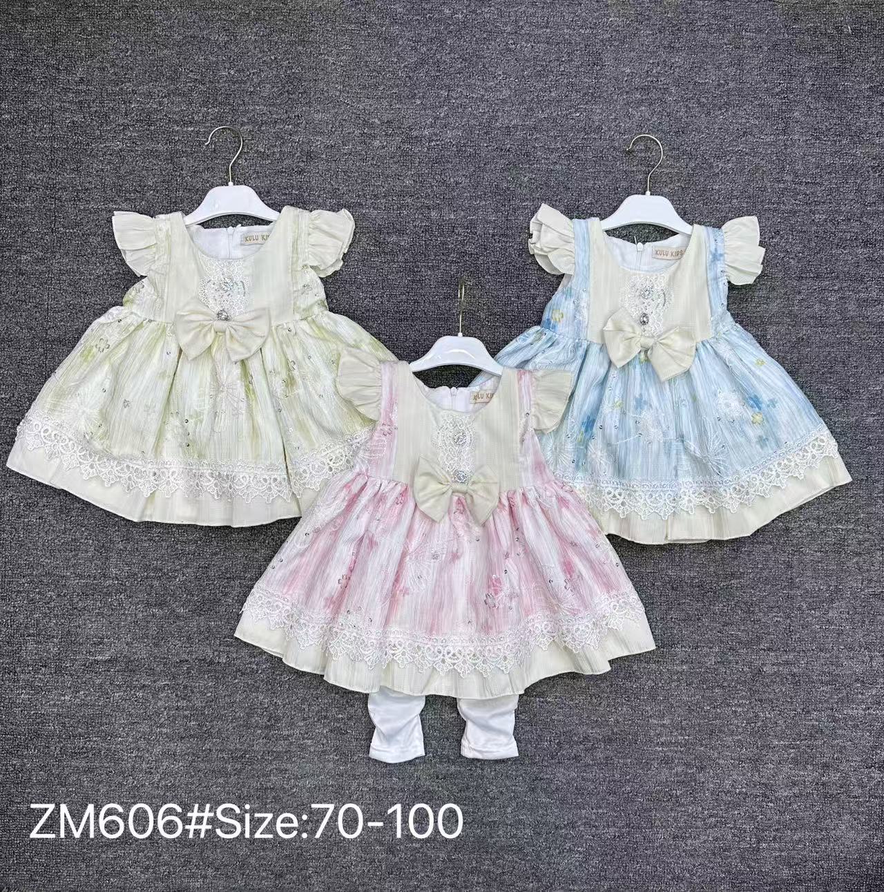 Three-piece set of beige, pink and blue children's dress, bow, lace edge baby dress, sweet and cool children's clothing, girl's chiffon dress, birthday supplies