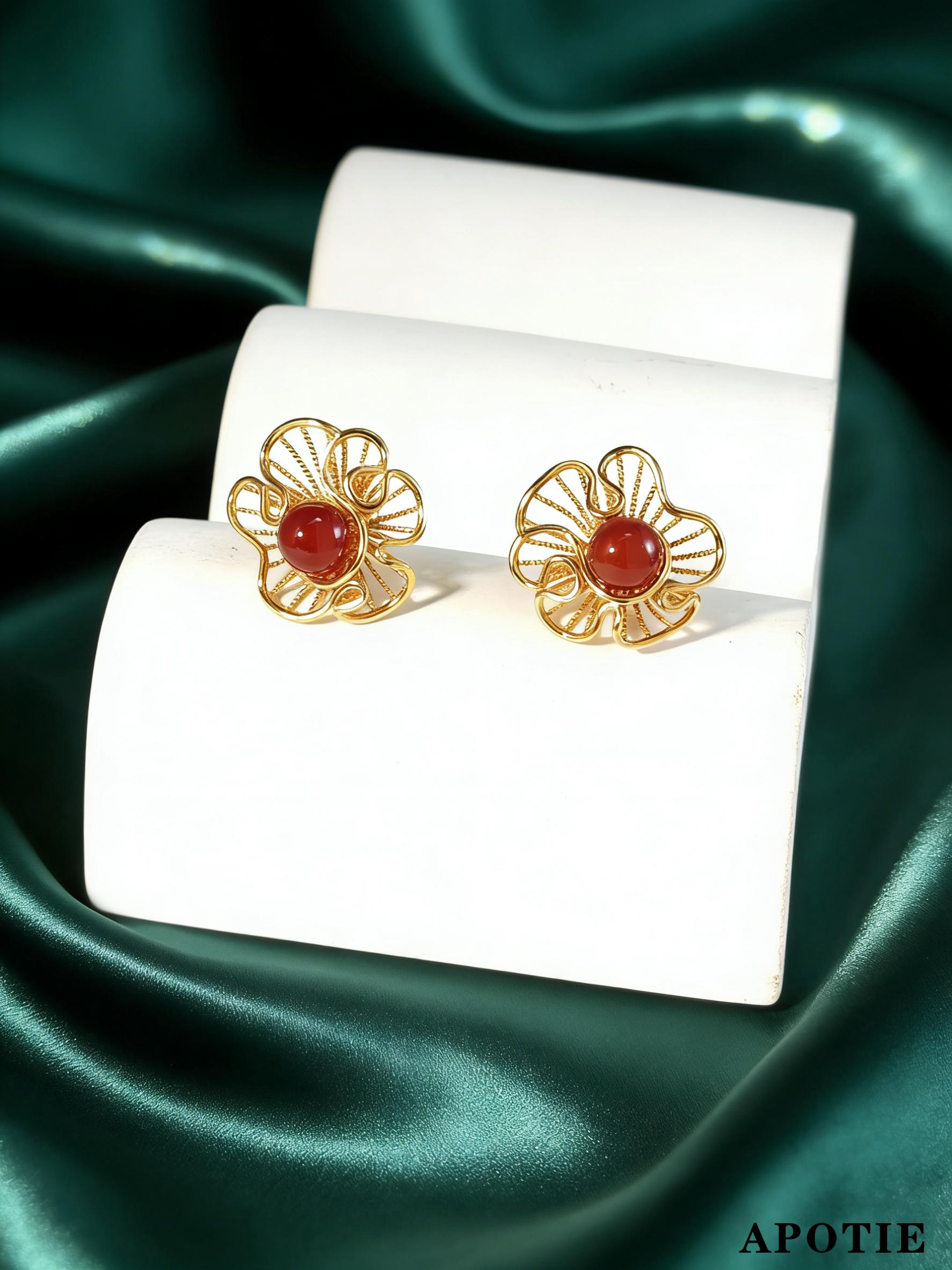 Red agate hollowed-out S925 new Chinese-style silver earrings from APOTIE pic 2