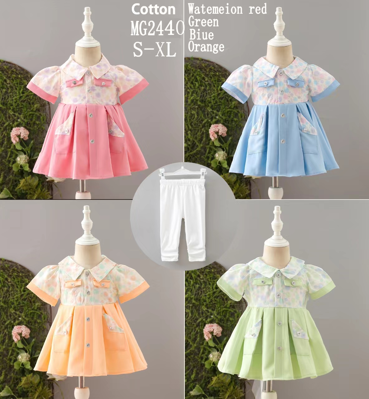 Four different colors of children's dresses, lace necklines, flower decorations, cotton fabric, kids' clothes, girls' gauze dresses, sweet and cool children's wear for young age Specification image