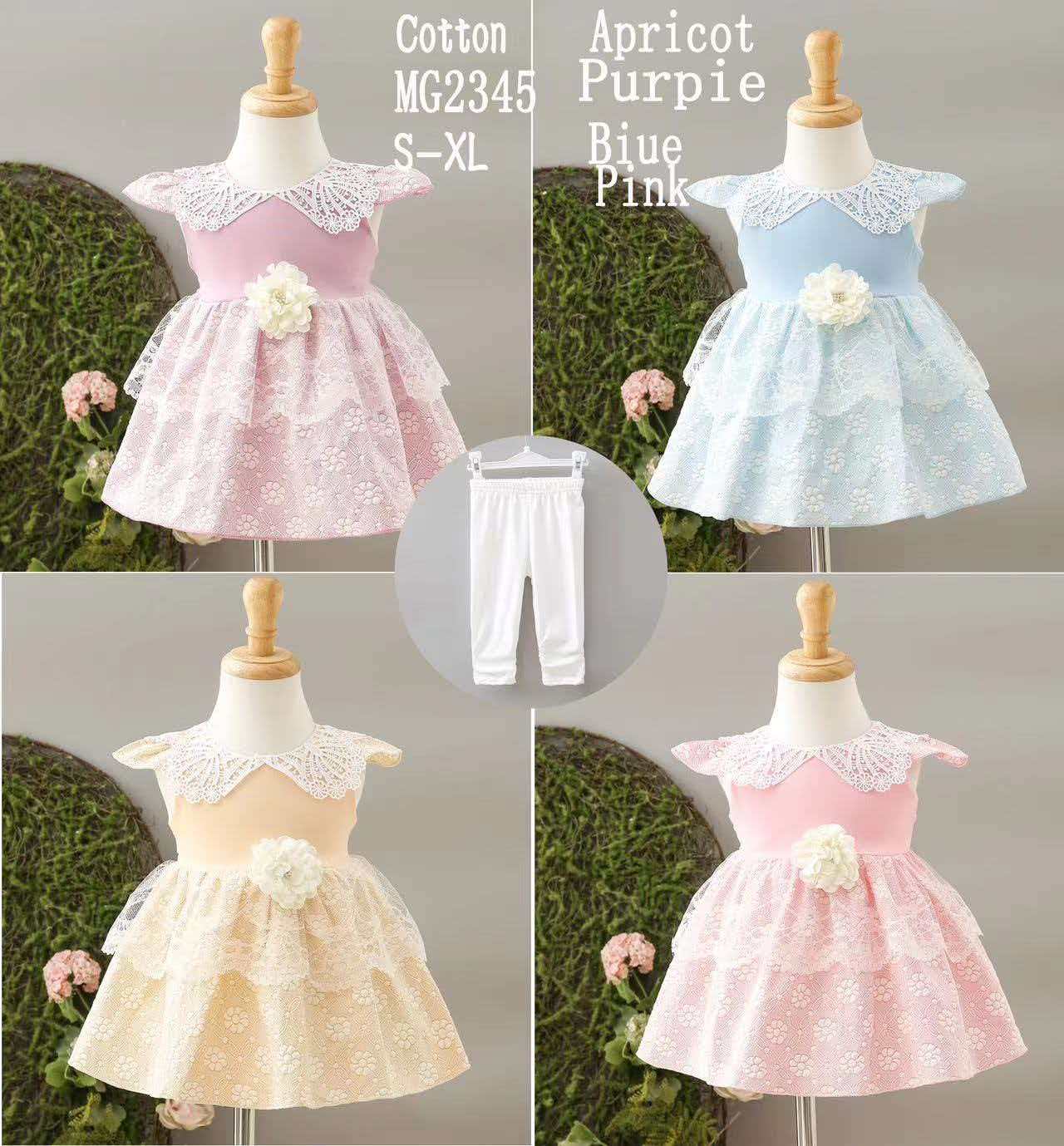 Four different colors of children's dresses, lace necklines, flower decorations, cotton fabric, kids' clothes, girls' gauze dresses, sweet and cool children's wear for young age
