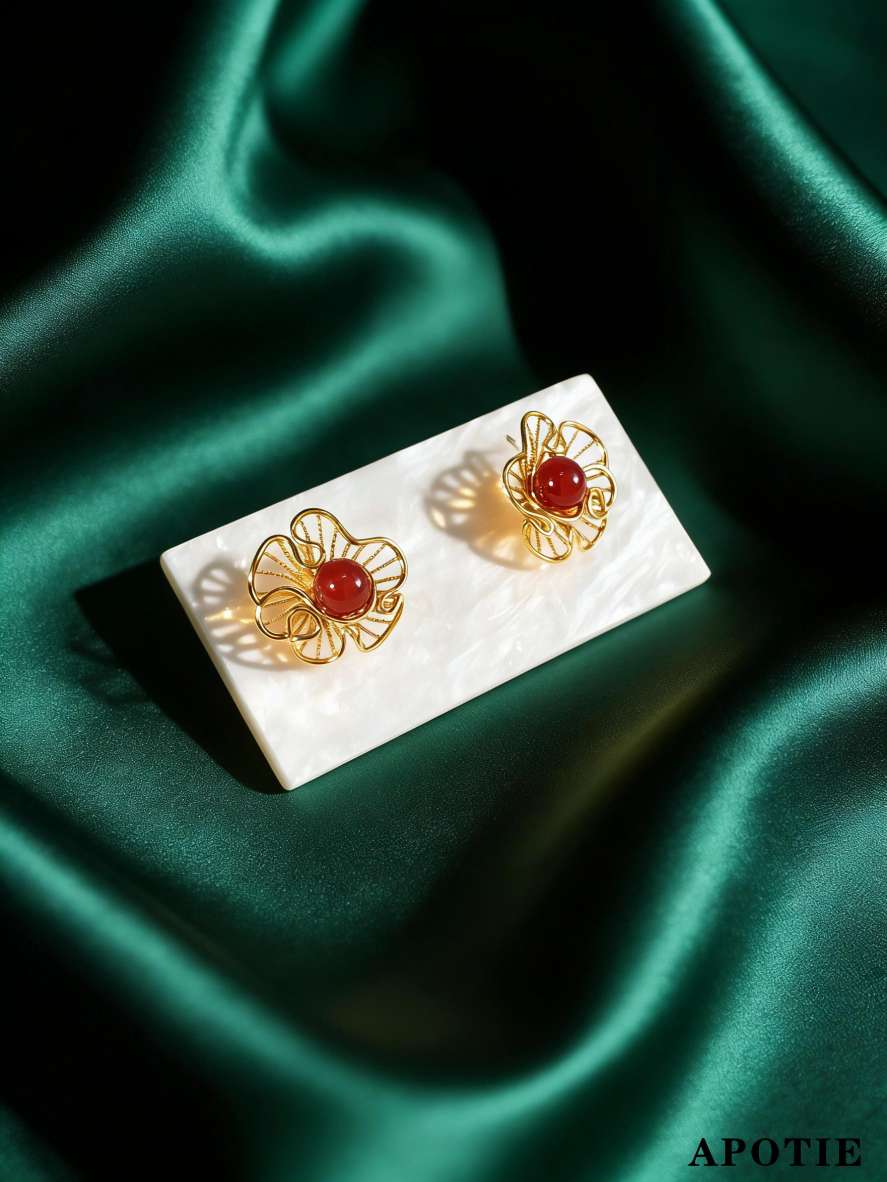 Red agate hollowed-out S925 new Chinese-style silver earrings from APOTIE pic 5