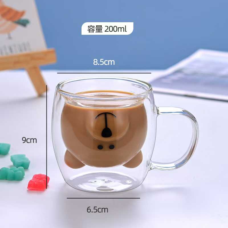卡通熊造型太阳浮雕带把玻璃杯180ml茶杯水杯