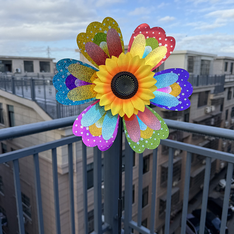 Single-layer sequin printed laser sunflowers windmills wholesale children's toys decoration rural bird repellent street stalls hot-selling items details Picture