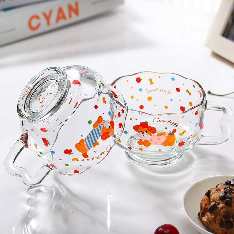 可爱小狗图案带把玻璃水杯太阳浮雕玻璃茶杯180ml