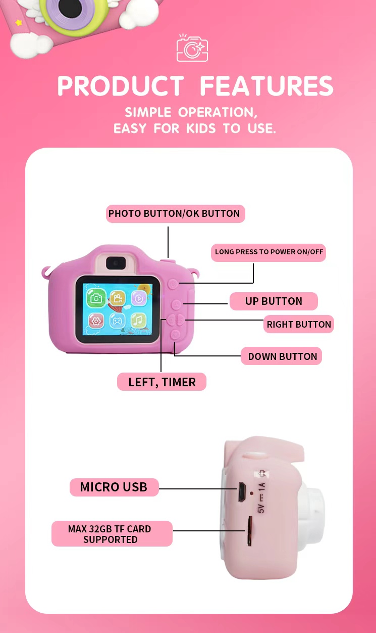 The children's camera can take photos and children can record videos. The game supports multiple languages. The cartoon unicorn is protected by a silicone case and is shock-resistant. It is an export cross-border e-commerce toy that can insert a card and play mp3 music Item Picture