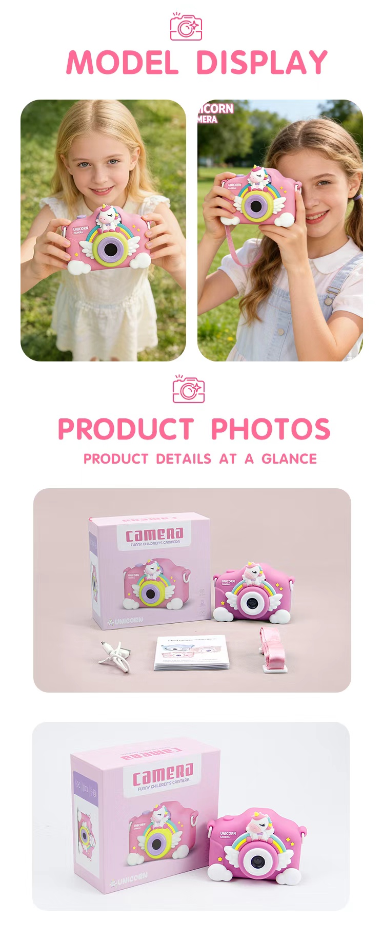 The children's camera can take photos and children can record videos. The game supports multiple languages. The cartoon unicorn is protected by a silicone case and is shock-resistant. It is an export cross-border e-commerce toy that can insert a card and play mp3 music undefined