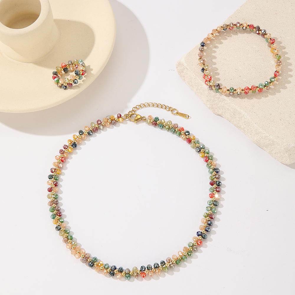 云逸饰家 七彩水晶手链 戒指 项链套装 少女心彩色水晶饰品度假风小众锁骨链叠戴手链弹力戒指详情4