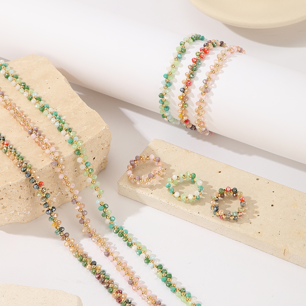 云逸饰家 七彩水晶手链 戒指 项链套装 少女心彩色水晶饰品度假风小众锁骨链叠戴手链弹力戒指详情1