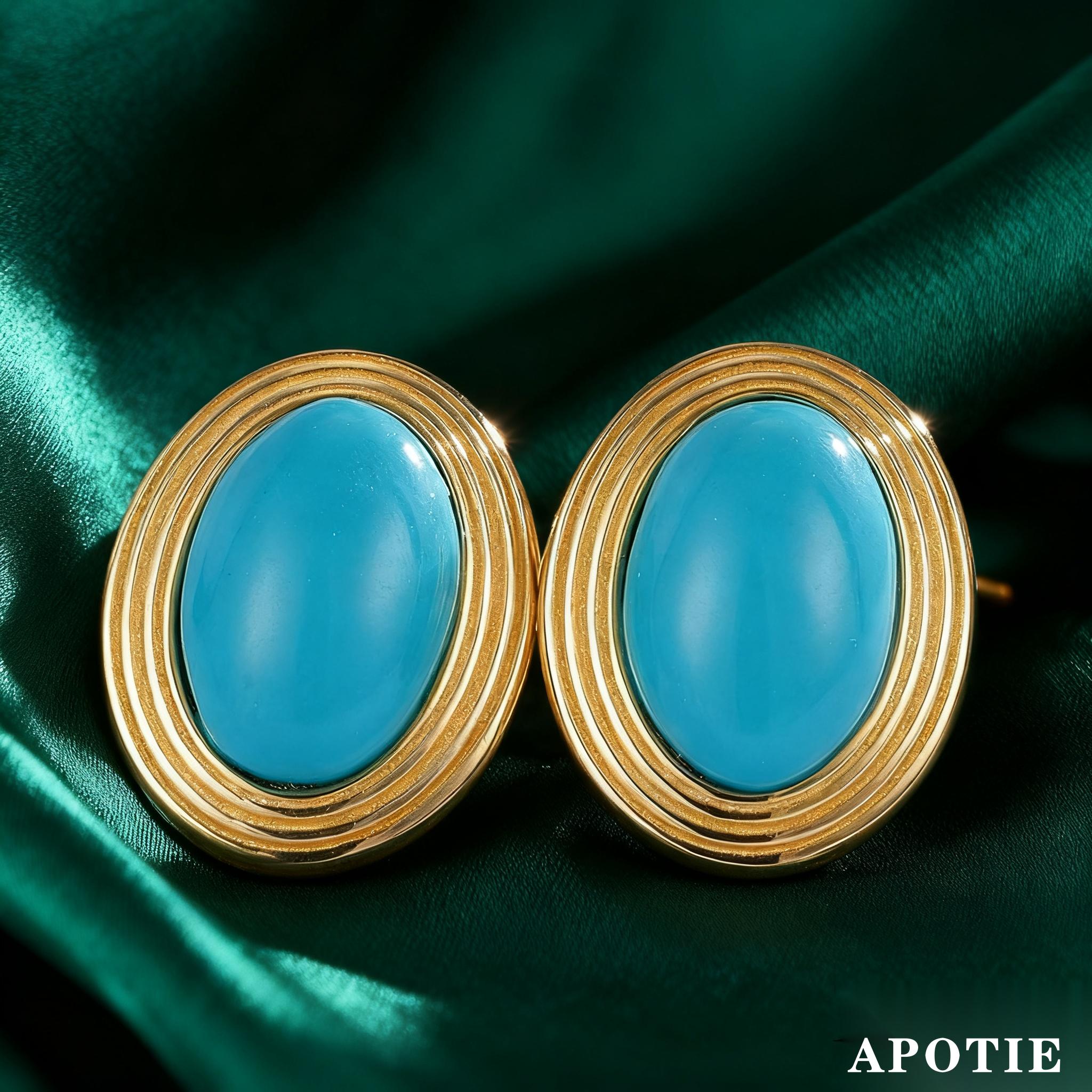 S925 sterling silver simple turquoise democratic style stud earrings plated with 18k gold and silver jewelry pic 4