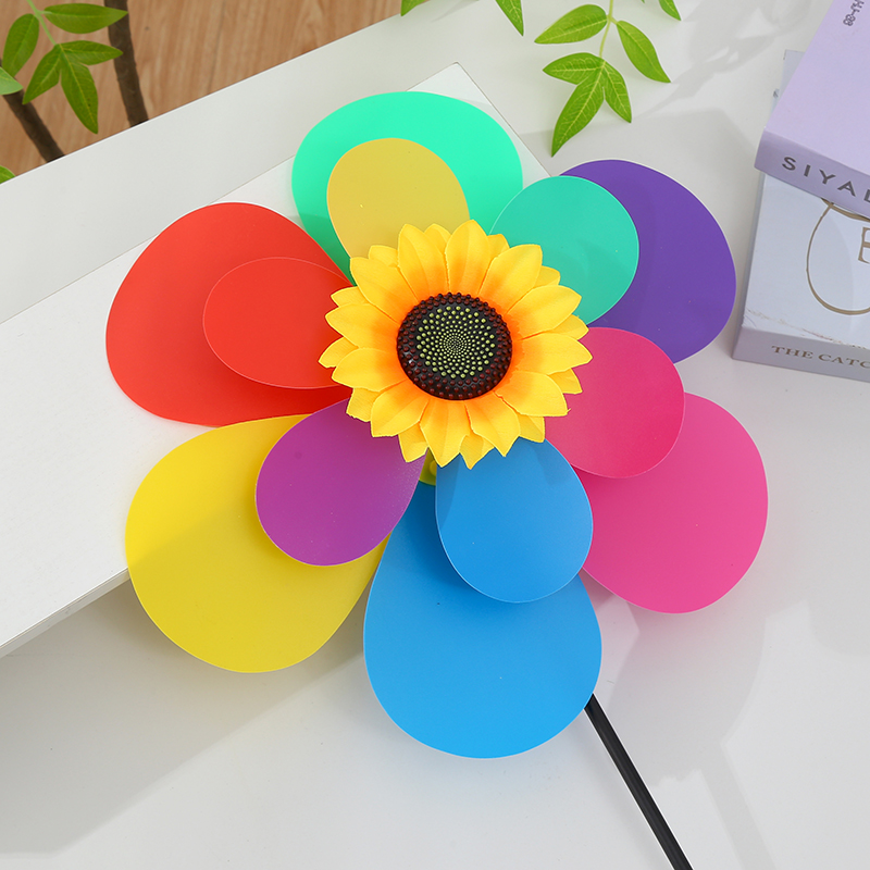 Double-layer seven-color windmill, children holding sunflowers, rotating windmill, real estate park decoration, large windmill, wholesale stall cart, men's and women's outdoor details Picture