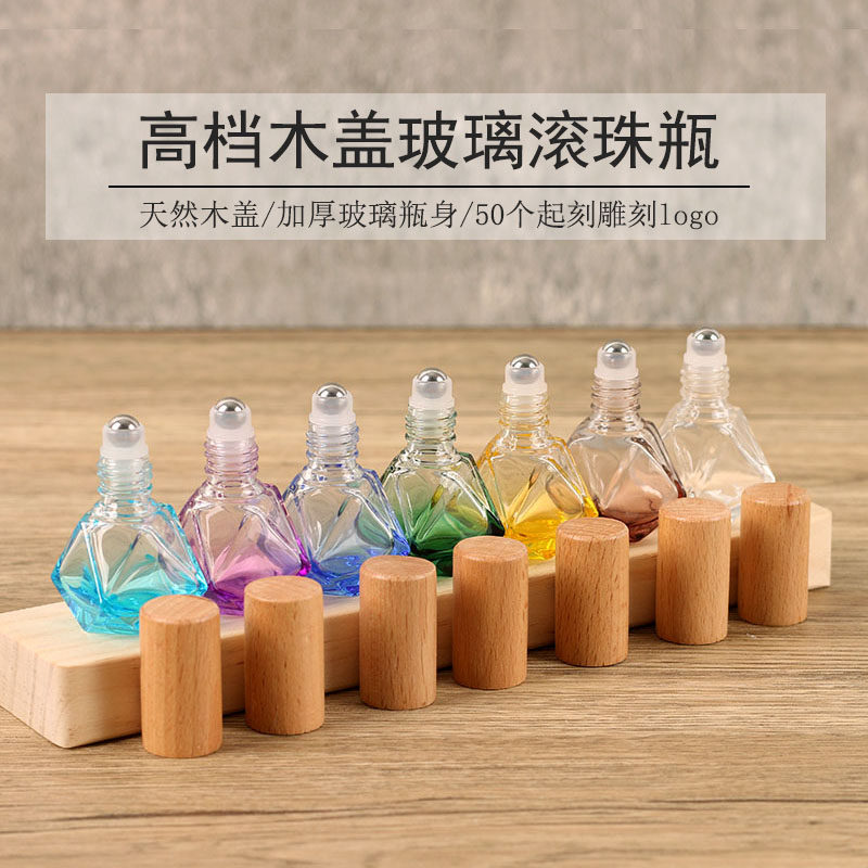 7ml high-end wooden cap essential oil roll-on bottle, colored glass perfume portioned bottle, empty bottle, rhombic portable essential oil bottle, hexagonal or hexagonal glass bottle, wooden stopper glass jar, glass bottle essential oil bottle