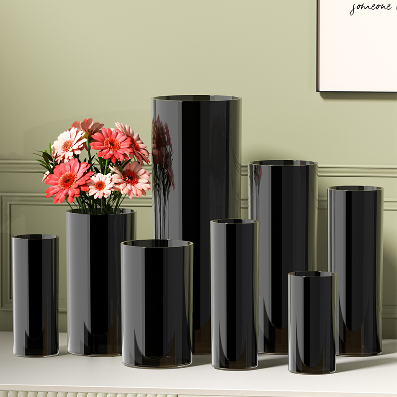 黑色花瓶圆柱中古情绪稳定插花桌面塑料仿陶瓷轻奢落地水养花盆