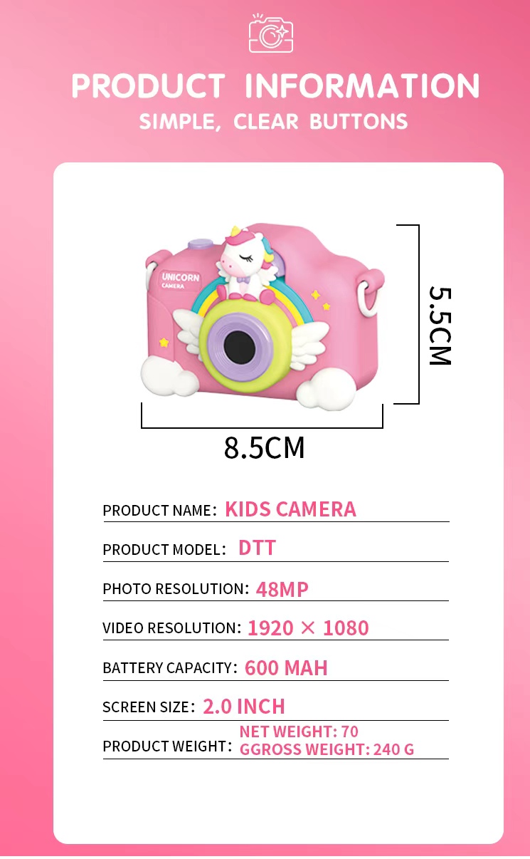 The children's camera can take photos and children can record videos. The game supports multiple languages. The cartoon unicorn is protected by a silicone case and is shock-resistant. It is an export cross-border e-commerce toy that can insert a card and play mp3 music Item Picture
