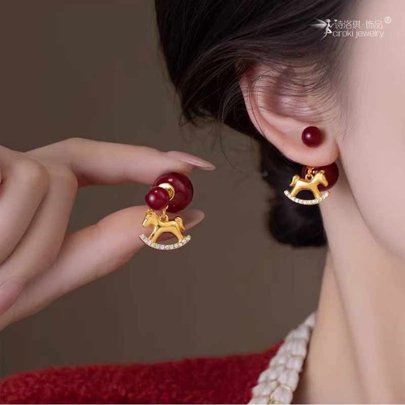 Red pearl back-worn stud earrings for the Year of the Horse, women's design sense, Little horse red bean earrings, versatile earrings for daily atmosphere