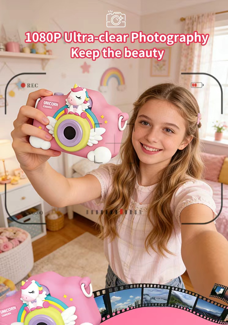 The children's camera can take photos and children can record videos. The game supports multiple languages. The cartoon unicorn is protected by a silicone case and is shock-resistant. It is an export cross-border e-commerce toy that can insert a card and play mp3 music Application Scenario