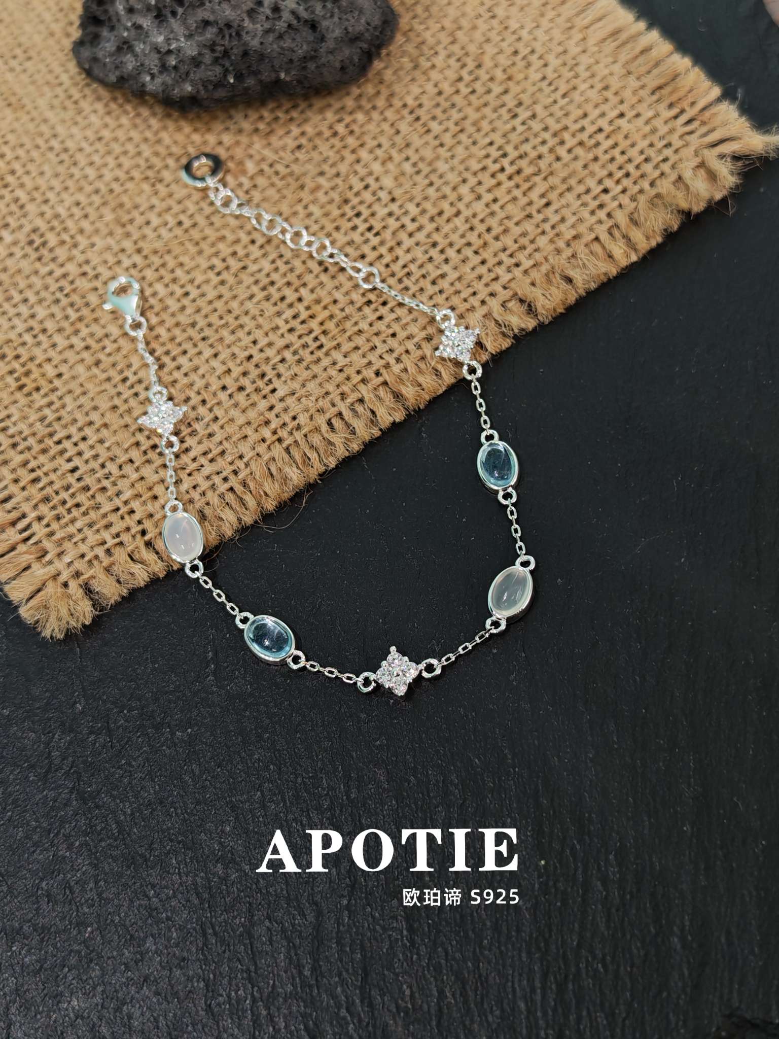 APOTIE S925 Pure silver aquamarine Spring/Summer Fashionable and trendy light luxury silver jewelry bracelet detail image 3