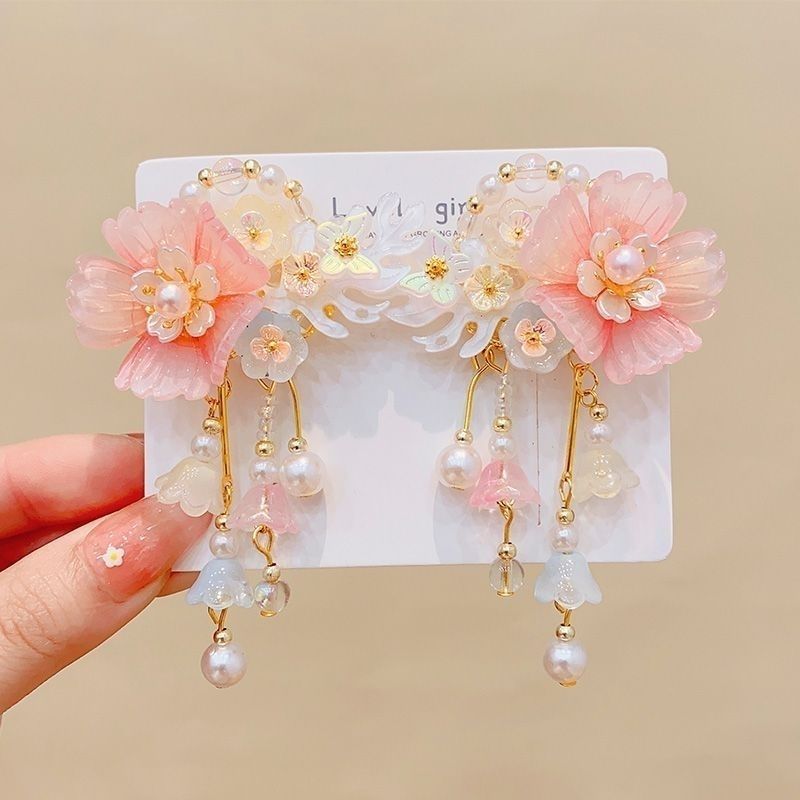 Glass flower ribbon Hanfu girl's hair clip details Picture