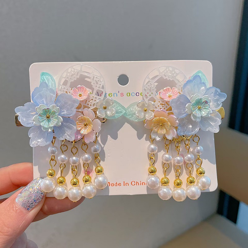 Glass flower ribbon Hanfu girl's hair clip detail image 5
