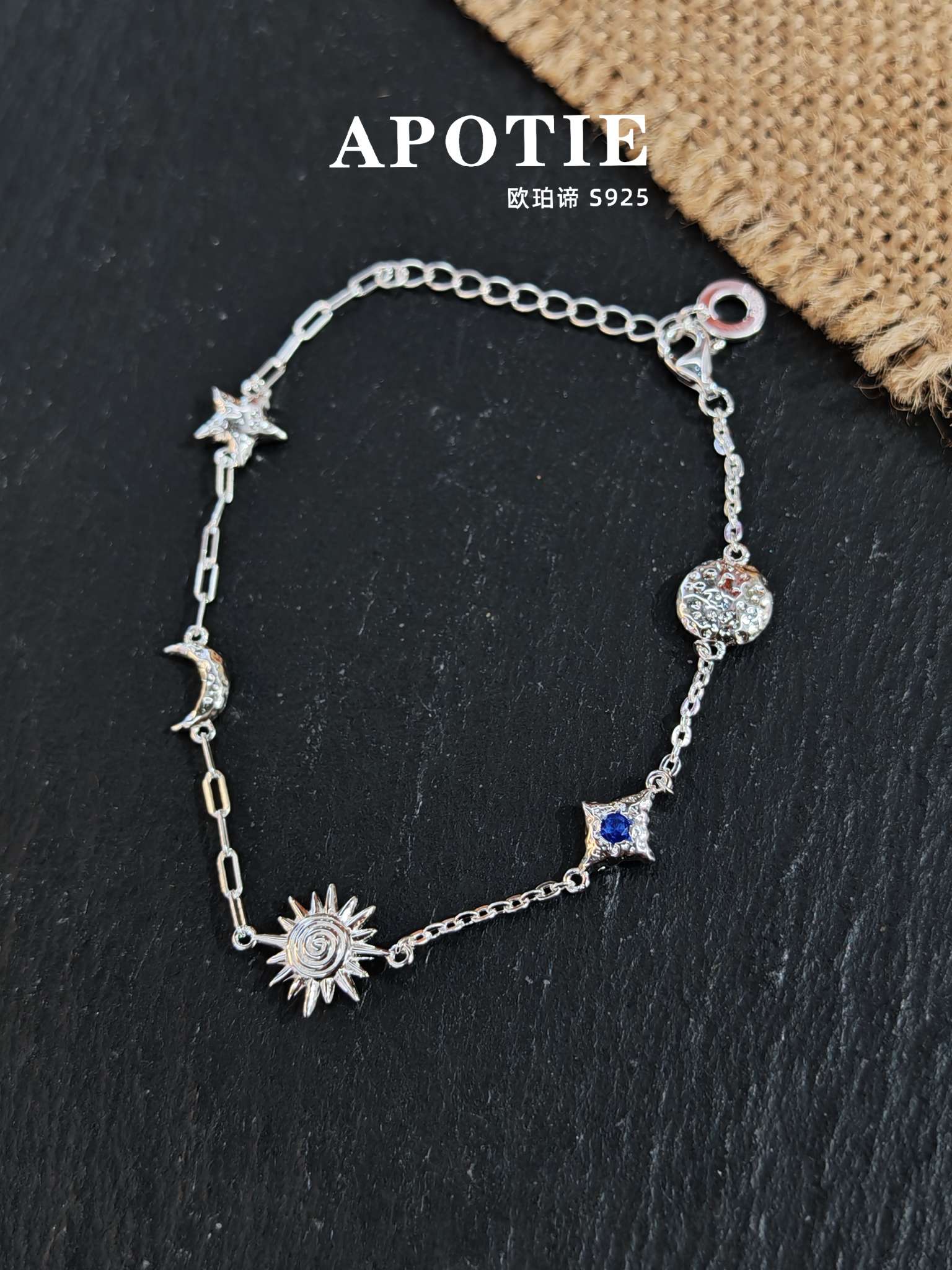APOTIE S925 sterling silver niche Design sense Star and Moon Changing Silver jewelry bracelet details Picture