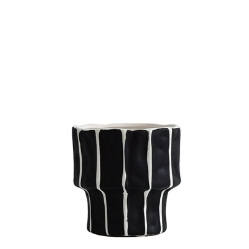 中古风黑白竖纹陶瓷花瓶，不规则波浪口设计，客厅餐桌干花装饰花器ins风小众艺术感黑白条纹花瓶，手作肌理感桌面软装摆件