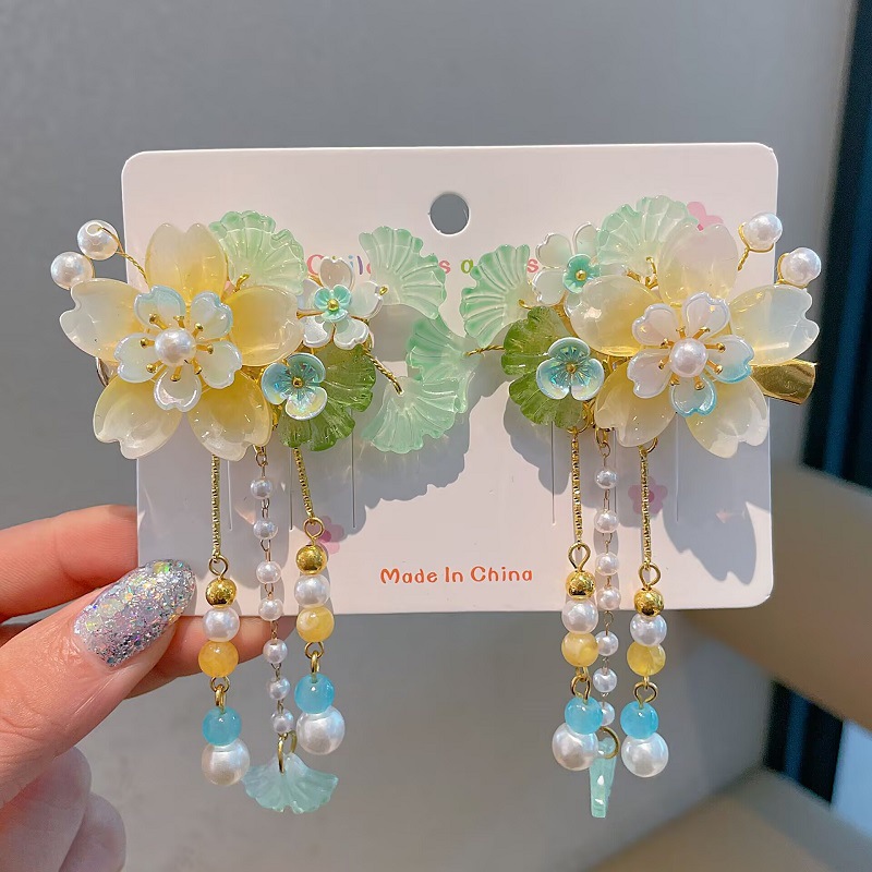 Glass flower ribbon Hanfu girl's hair clip detail image 4