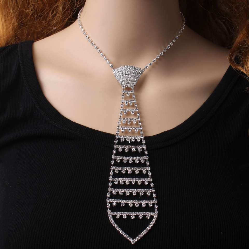 欧美水钻领带饰品配饰新潮夜店风个性满钻项链男女时尚领带项链详情图2