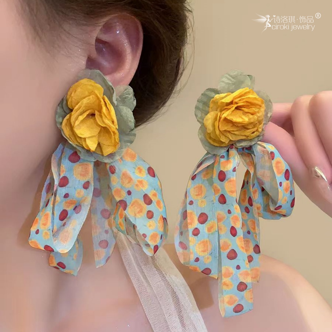 诗洛琪饰品田园风波点飘带花朵耳钉女森系甜美长款流苏耳饰小众独特设计布艺耳环