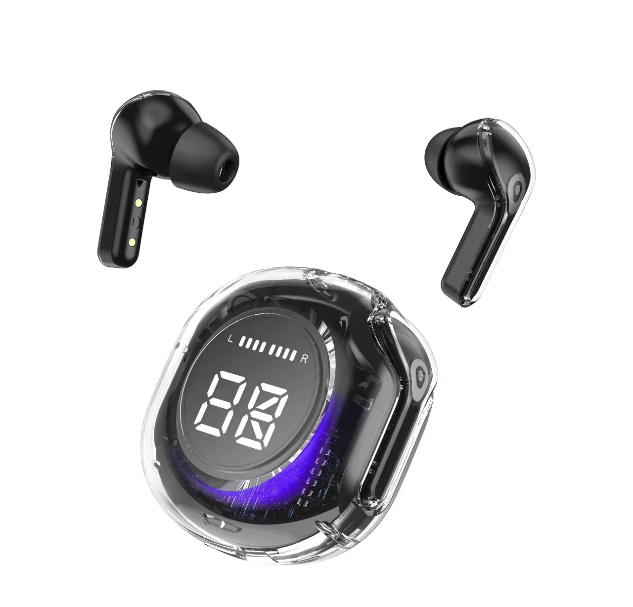 The new transparent digital display air31 Bluetooth headphones feature wireless dual-ear stereo, in-ear design, ultra-long battery life and large battery capacity
