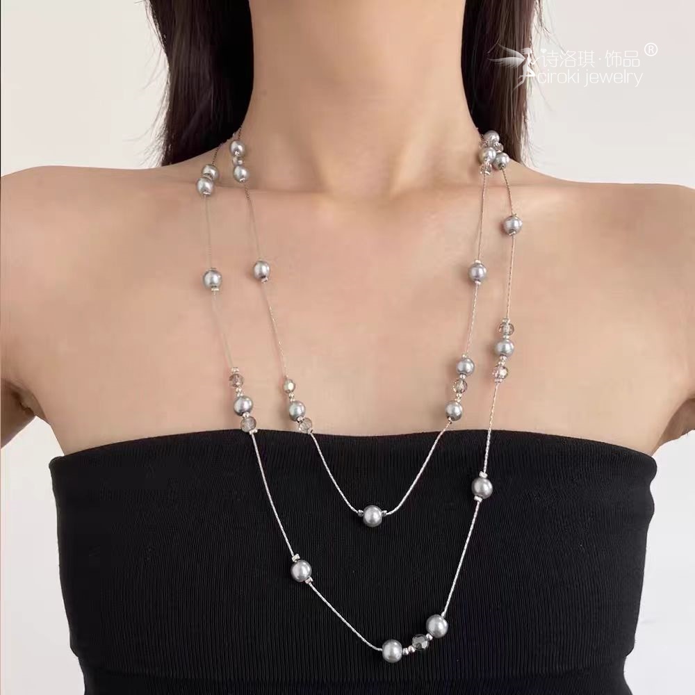 Siloqi accessories: Double-layered starry Sky grey pearl necklace for women, a light luxury and high-end look. Layered neckchain, long sweater chain for autumn and winter