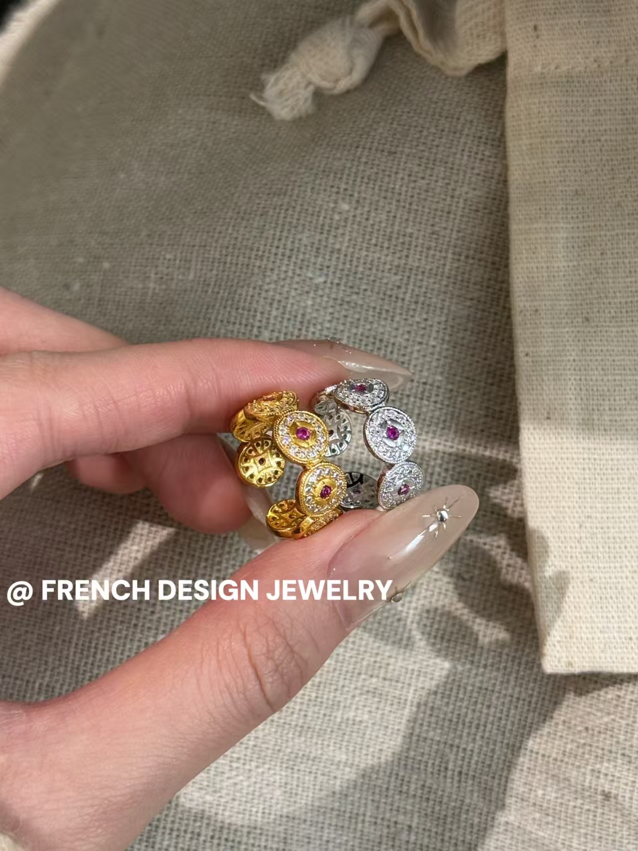 拉丝铜钱拼接戒指 EUGA555 S925银高级百搭