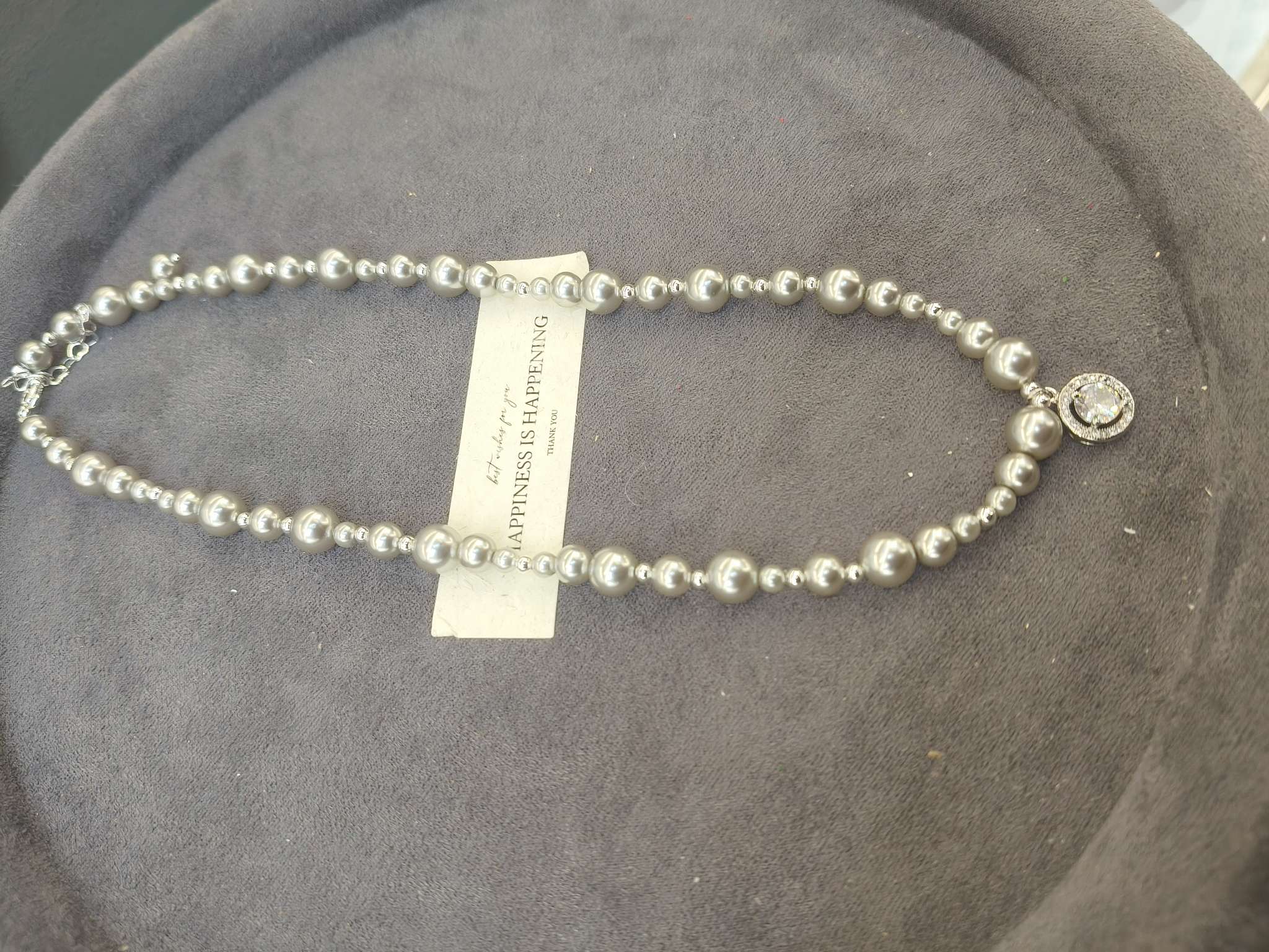 灰色施家珍珠大小珠锆石吊坠项链 轻奢小众高级感锁骨链详情图5