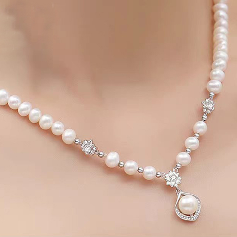 项链/珍珠/天然石项链/珍珠链条女款拼接气质/珍珠项链白底实物图