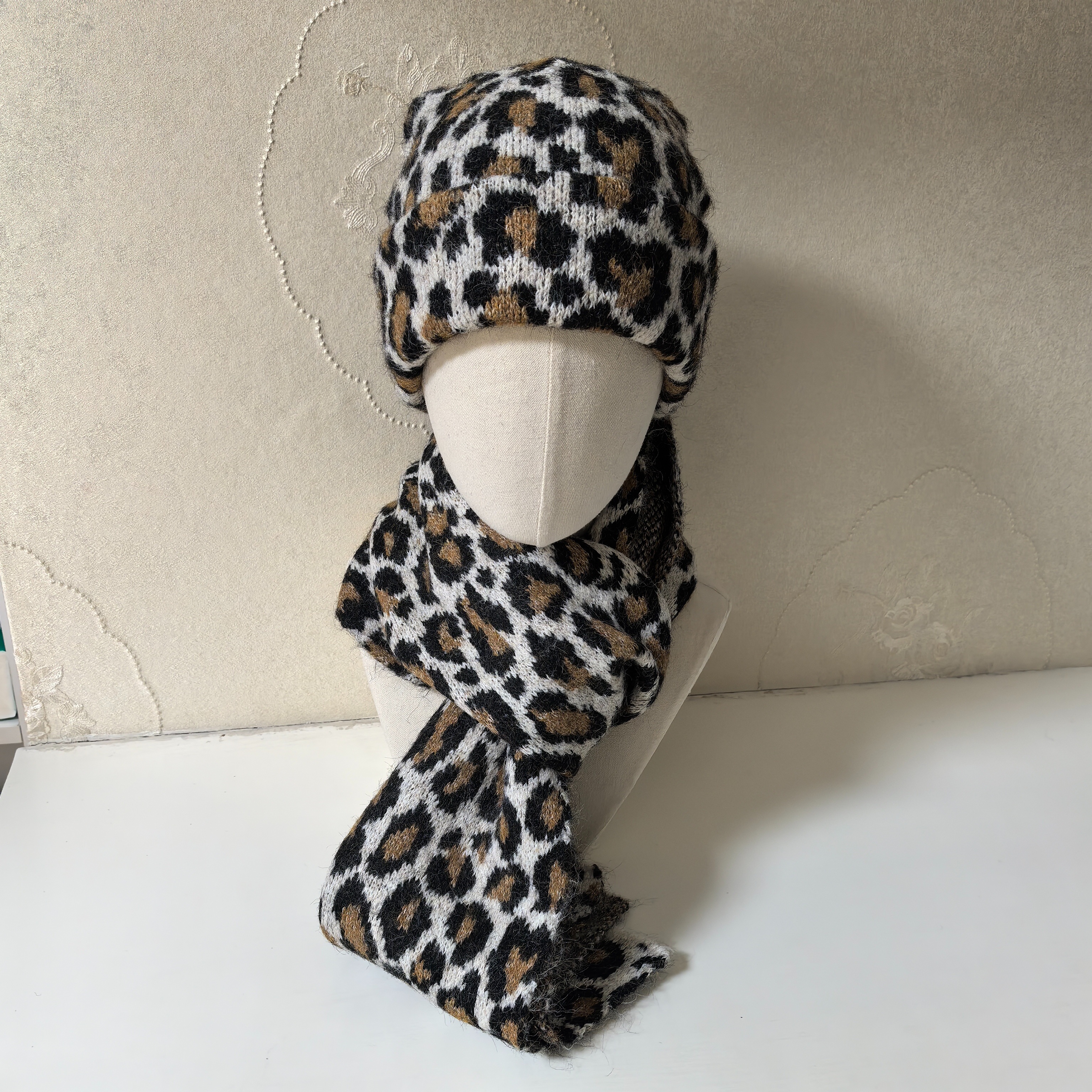 Otoño-invierno mujer leopardo sombrero bufanda dos piezas pareja set