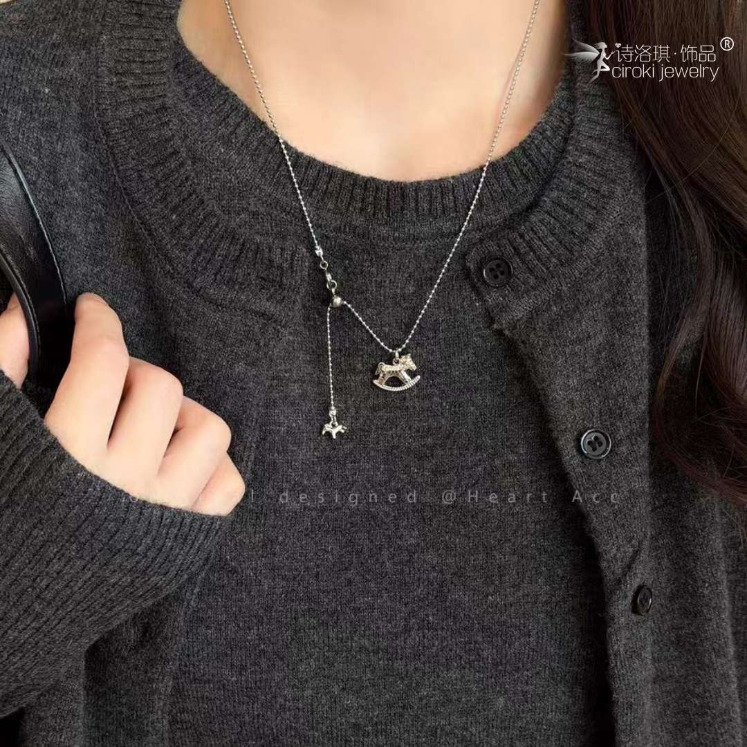 Siloqi Jewelry Silver Broken Ice Pony Pendant necklace, women's light luxury and high-end style, long pull-out sweater chain 2 New accessory