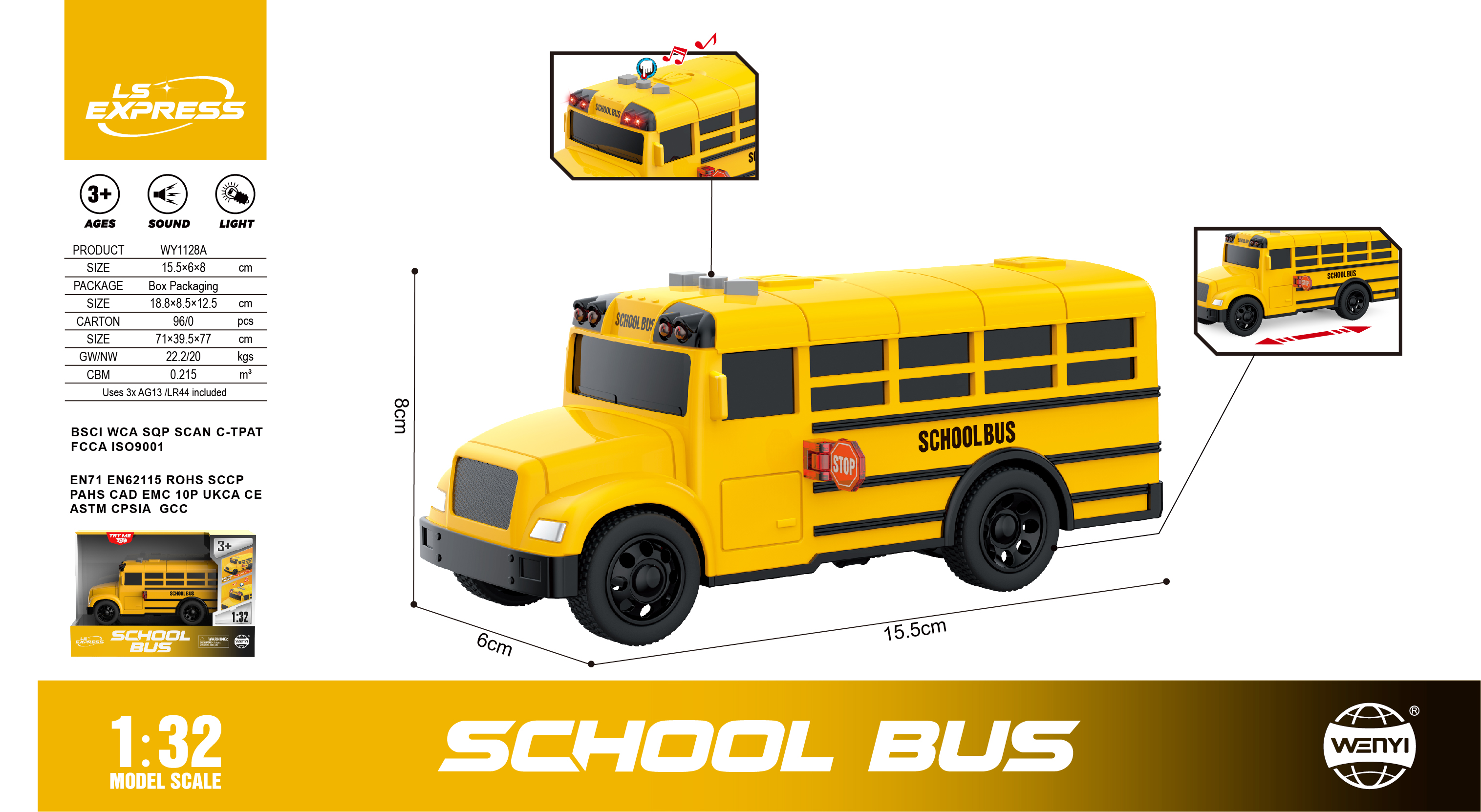 Arte y literatura WY1128A"1:32 inercia sonido y luz autobús escolar (sonido, luz) "amarillo juguete del autobús escolar andador para niños iniciación de la enseñanza temprana cangrejo juguete de la enseñanza temprana suministros de aprendizaje Application Scenario