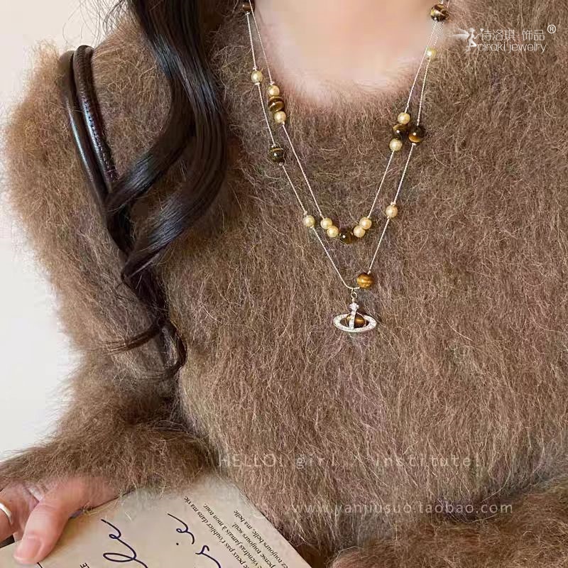 诗洛琪饰品复古虎眼石珍珠土星吊坠项链女秋冬高级感轻奢双层串珠长款毛衣链