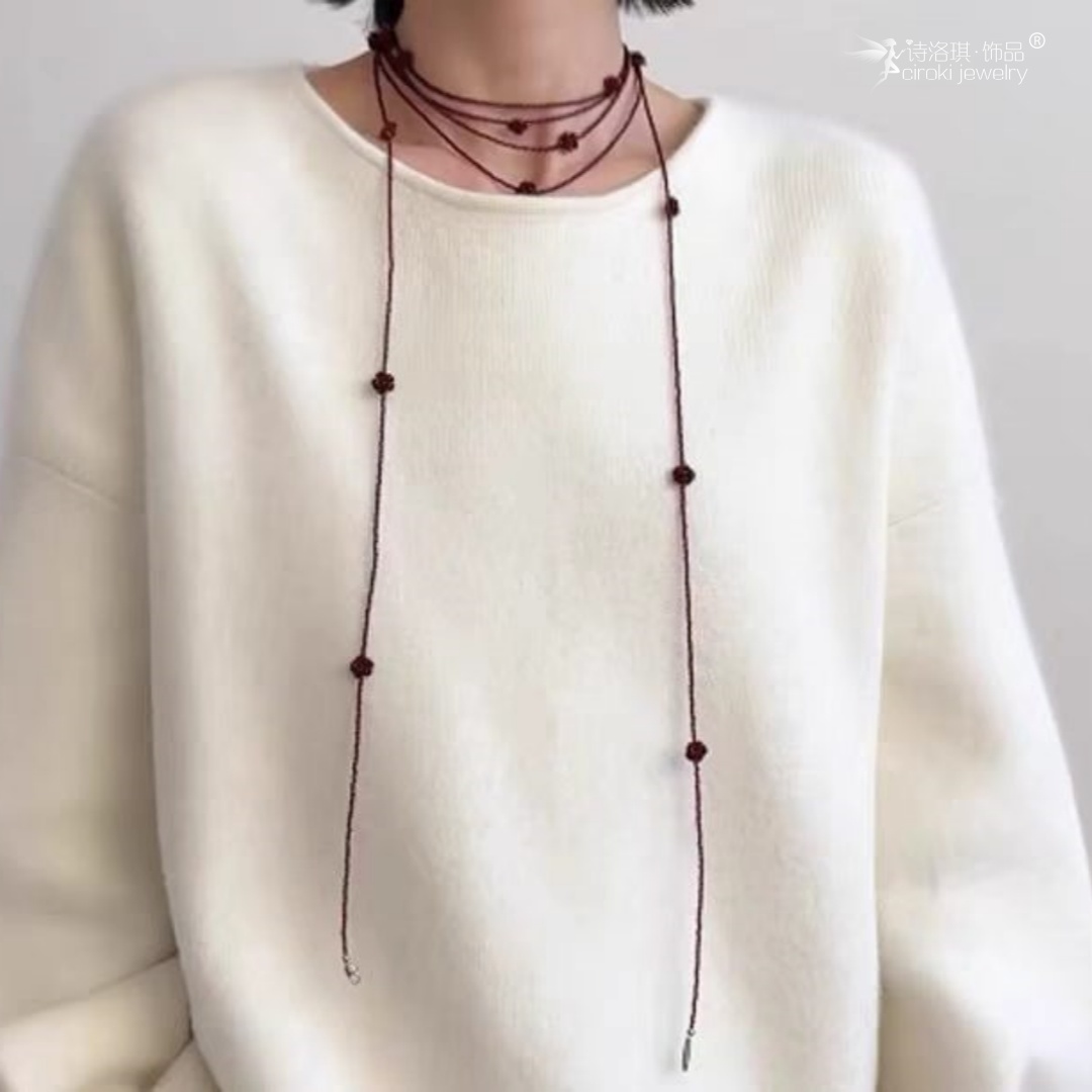 诗洛琪饰品红色玫瑰花项链长款高级感叠戴挂脖配饰个性百搭毛衣链