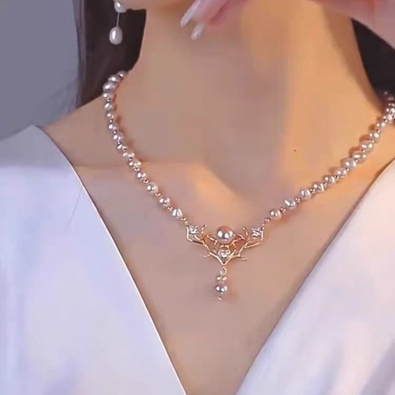 天然石珍珠项链女款拼接气质珍珠链条女款18cm珍珠项链鹿角颈链