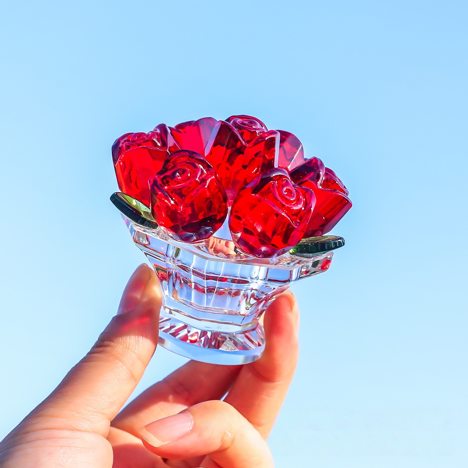 跨境新款大红玫瑰花摆件水晶工艺品摆件玫瑰客厅装饰情人节女朋友礼物