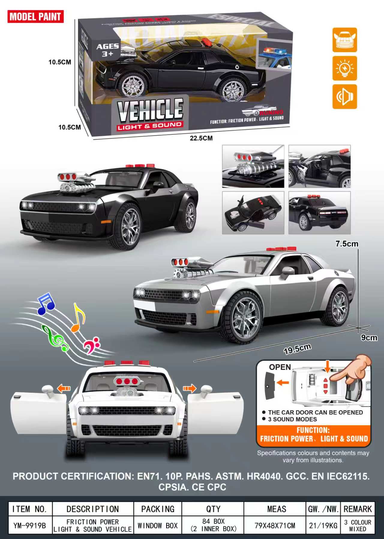 Black, silver and white police cars with friction power, lights and sounds, children's toy car models, alloy car models, hot wheels