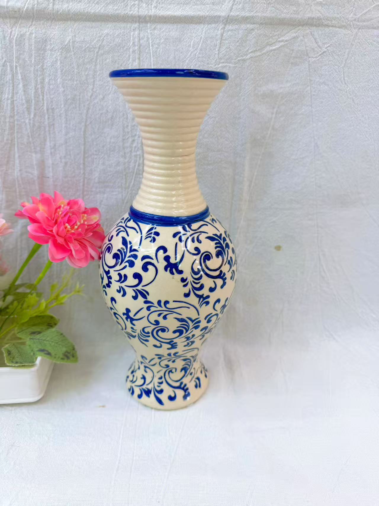 中式复古青花陶瓷花瓶 手工缠枝纹摆件 客厅玄关装饰花器 插好神器